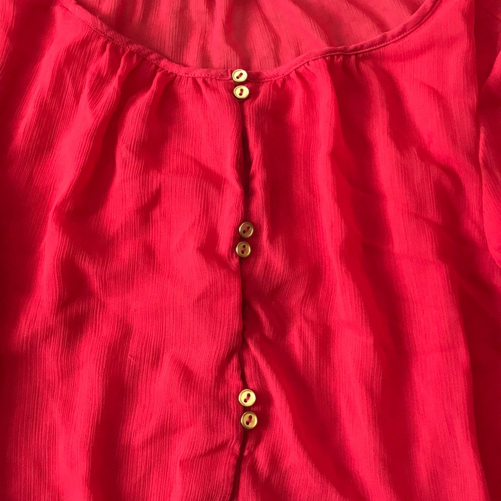 Red semi-sheer 3/4 length shirt with gold buttons - Picture 2 of 4